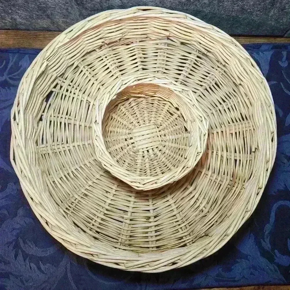 LARGE WICKER DIPPING BOWL BASKET, Natural Round Woven Chip Dip Basket Tray 12